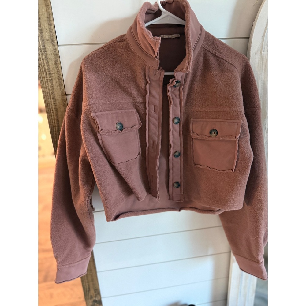 Altar'd State Womens Cropped Fleece Jacket Mauve Button Front Shacket‎ Small